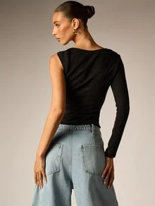 AiiRZ One Shoulder Ribbed Knit Crop Top With Silver Ring Detail Long Sleeve Asymmetric Neckline Fall Winter Night Out Style - Black - View 3