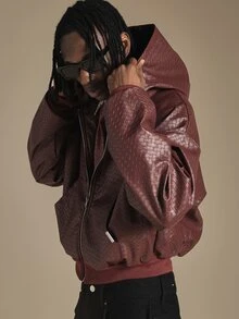 SUMWON Oversized Hooded Faux Leather Bomber Jacket With Woven Intrecciato Pattern Ribbed Hem Zip Closure Fall Winter Outerwear - Burgundy - View 1