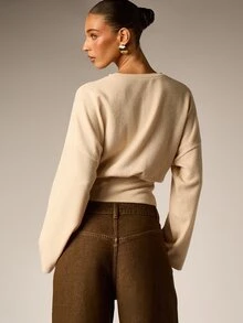 AiiRZ Ribbed Knit Batwing Long Sleeve Crop Sweater Solid Crew Neck Relaxed Fit Fall Winter Cozy Pullover Top - Apricot - View 3