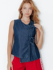 Pimkie Edition Women's Lace-Up Sleeveless Asymmetric Denim Top - Blue - View 1
