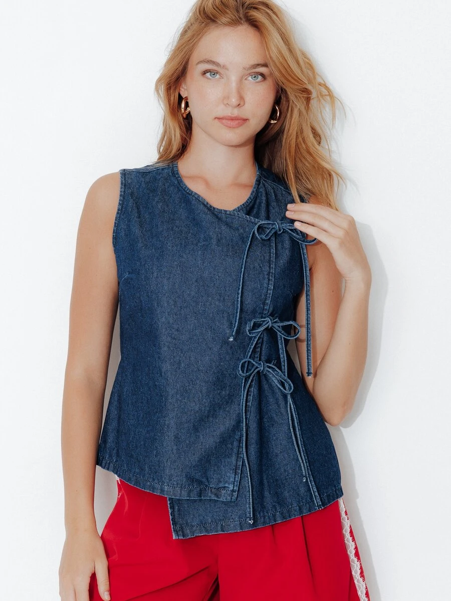 Pimkie Edition Women's Lace-Up Sleeveless Asymmetric Denim Top - Blue - View 1