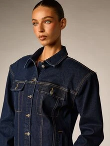AiiRZ Classic Dark Wash Trucker Denim Jacket With Chest Patch Pockets Button Closure Contrast Stitching Hip Length Fall Winter Outerwear - Blue - View 2