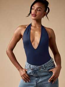 MISSGUIDED Deep V-Neck Halter Neck Bodysuit With Open Back And Sleeveless Design For Party Nights And Summer Occasions - Navy Blue - View 6