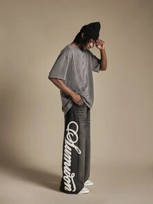 SUMWON Oversized Wide Leg Jeans With Cursive Script Applique Leg Print Washed Denim Baggy Fit Full Length Pants - Blue - View 2