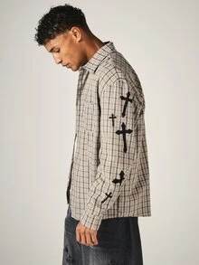 SUMWON Gothic Cross Applique Plaid Flannel Shirt Oversized Long Sleeve Button Down Collared Top With Sleeve Detail - Multicolor - View 1