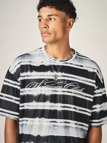 SUMWON Club Script Chest Print Tie-Dye Stripe Oversized Crew Neck Short Sleeve T-Shirt Summer Festival Casual Tee - Multicolor - View 4