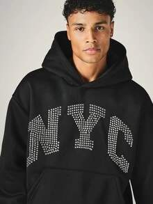 SUMWON Oversized NYC Star Rhinestone Arch Text Hoodie With Centre Pocket Long Sleeve Pullover Fall Winter Streetwear - Black - View 4