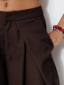 Pimkie Edition Women's Solid Color Pleated Design Wide Leg Loose Casual Long Pants - Brown - View 4