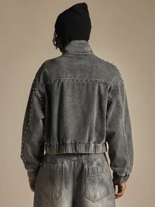 SUMWON Studded Denim Bomber Jacket Oversized Fit With Ribbed Hem Vintage Wash Metal Stud Embellishments Long Sleeve Casual Outerwear - Grey - View 3