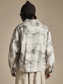SUMWON Oversized Bleached Abstract Print Denim Trucker Jacket With Spread Collar Button Front Chest Pockets And Drop Shoulder Fit - Multicolor - View 2