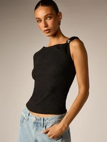 AiiRZ One Shoulder Ribbed Knit Crop Top With Silver Ring Detail Long Sleeve Asymmetric Neckline Fall Winter Night Out Style - Black - View 5