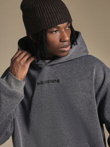 SUMWON Oversized Washed Hoodie With Gothic Back Graphic Print And Old English Logo Embroidery Pullover Sweatshirt - Dark Grey - View 4