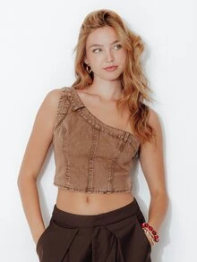 Pimkie Edition Women's One Shoulder Sleeveless Cropped Fashion Denim Top - Coffee Brown - View 1