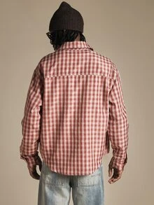 SUMWON Club Plaid Checked Oversized Long Sleeve Button-Up Shirt With Script Logo Print Front Fall Winter Casual Streetwear - Red - View 2