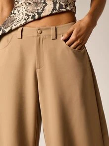 AiiRZ Wide Leg Balloon Silhouette Dress Pants Low Rise Full Length Side Pockets Tailored Trousers Spring Summer Office Style - Khaki - View 4