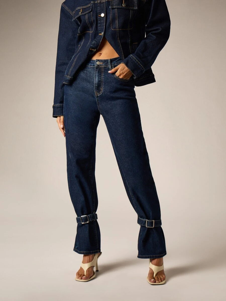 AiiRZ Dark Wash High Rise Straight Leg Jeans With Statement Buckle Cuff Detail And Flared Hem For Fall Winter - Dark Wash - View 1