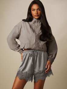 MISSGUIDED Satin Lace Trim Shorts With Elastic Drawstring Waist Scalloped Hem Luxe Silky Mini Shorts Spring Summer Holiday - Grey - View 2