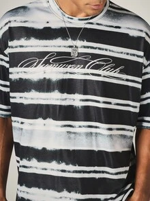 SUMWON Club Script Chest Print Tie-Dye Stripe Oversized Crew Neck Short Sleeve T-Shirt Summer Festival Casual Tee - Multicolor - View 5
