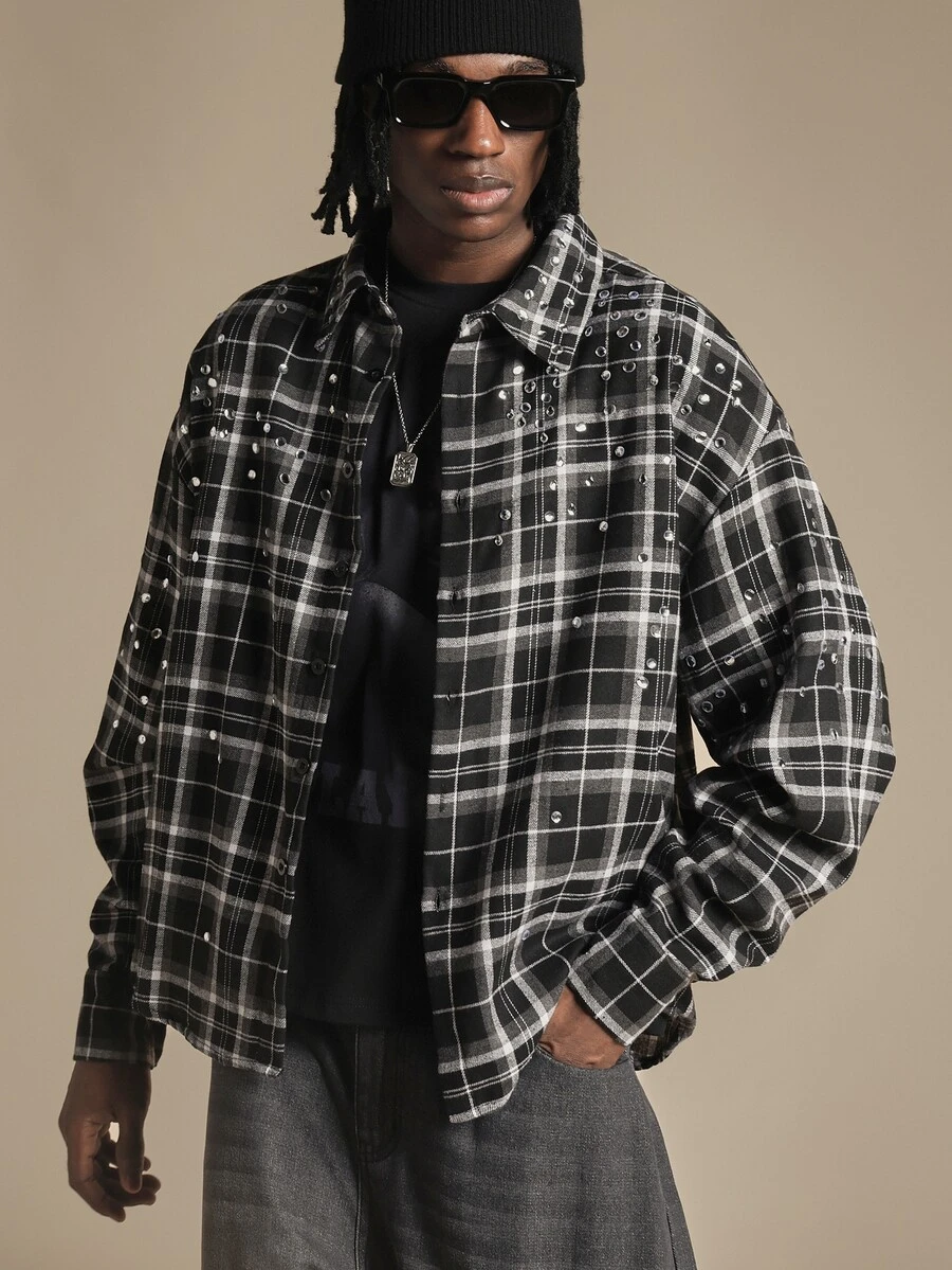SUMWON Oversized Plaid Flannel Shirt With Silver Rhinestone Stud Embellishments Long Sleeve Button Front Collared Overshirt Fall Winter - Black and White - View 1