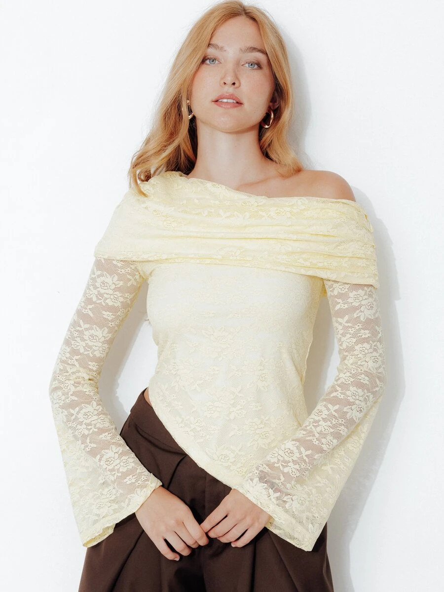 Pimkie Edition Women's One-Shoulder Pleated Asymmetrical Hem Lace Top - Yellow - View 1