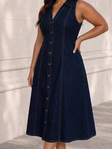 ELLERISSA Plus Size Women's Single-Breasted Casual Daily Summer Denim Dress - Dark Wash - View 7