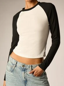 AiiRZ Ribbed Knit Crop Top Long Sleeve Raglan Color Block Crew Neck Fitted Baseball Style Top For Fall Winter - Black and White - View 4