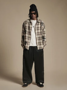 SUMWON Mens Oversized Plaid Flannel Shirt With Black Ornate Cross Applique Long Sleeve Button Front Gothic Street Style Fall Winter Shacket - Multicolor - View 3