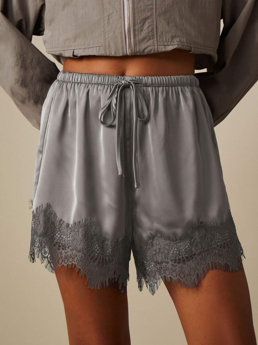 MISSGUIDED Satin Lace Trim Shorts With Elastic Drawstring Waist Scalloped Hem Luxe Silky Mini Shorts Spring Summer Holiday - Grey - View 1