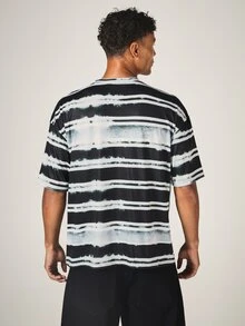 SUMWON Club Script Chest Print Tie-Dye Stripe Oversized Crew Neck Short Sleeve T-Shirt Summer Festival Casual Tee - Multicolor - View 2
