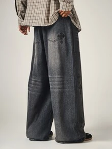 SUMWON Wide Leg Baggy Jeans With Gothic Cross Embroidery Washed Denim Pant Patch Pockets Full Length Streetwear Style - Grey - View 2