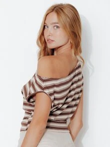 Pimkie Edition Women's Striped Colorblock Asymmetrical Shoulder Casual Daily Top - Multicolor - View 4