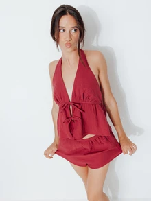 Pimkie Edition Women's Solid Color Front Tie Halter Neck Tank Top And Shorts Pajama Set - Burgundy - View 7