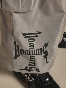 SUMWON Wide Leg Cargo Pants With Multi Flap Pockets Drawstring Waist Logo Print Full Length Streetwear Trousers - Dark Grey - View 6