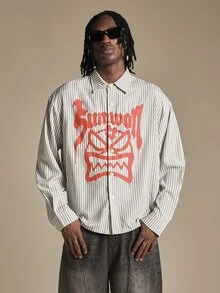 SUMWON Oversized Striped Long Sleeve Button Down Shirt With Bold Red Graphic Logo Print On Front Street Style Statement Top - Multicolor - View 1