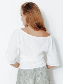 Pimkie Edition Women's Solid Color Boat Neck Batwing Sleeve Waist-Cinching Top - Beige - View 2