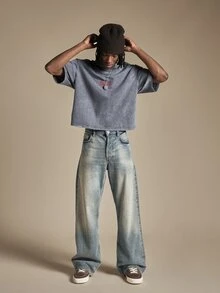SUMWON Acid Washed Boxy Crop Graphic Tee Short Sleeve Crew Neck Skeleton Horseman Back Print Street Style T-Shirt - Grey - View 3