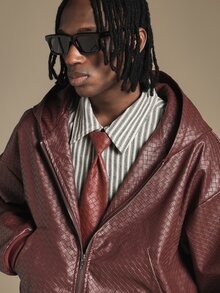 SUMWON Oversized Hooded Faux Leather Bomber Jacket With Woven Intrecciato Pattern Ribbed Hem Zip Closure Fall Winter Outerwear - Burgundy - View 5