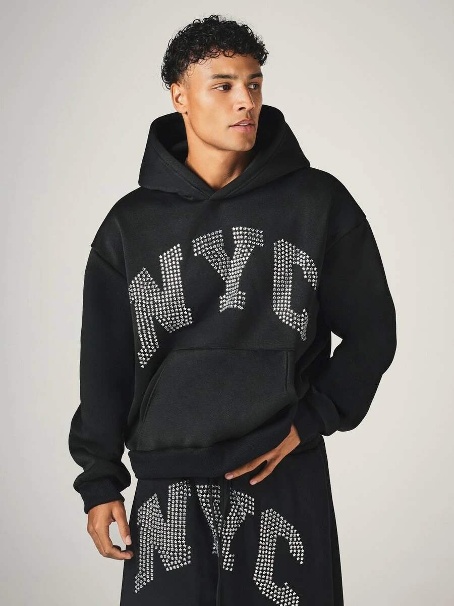 SUMWON Oversized NYC Star Rhinestone Arch Text Hoodie With Centre Pocket Long Sleeve Pullover Fall Winter Streetwear - Black - View 1