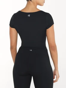 11SKNDS Square Neck Cap Sleeve Crop Top Fitted Slim Stretch Knit Tee Summer Everyday Essential Wardrobe Staple With Sweat-Wicking, Breathable, Quick-Dry & Buttery-Soft, For Gym Workout Fitness Yoga Pilates Studio, Running, Training & Hy-Rox - Black - View 4