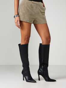 MISSGUIDED Faux Suede High Waist Mini Shorts With Front Seam Detail And Clean Hem Perfect For Fall Transition Layering And Night Out - Flint Stone - View 4