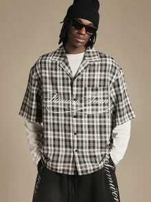 SUMWON Oversized Plaid Short Sleeve Button-Up Camp Collar Shirt With Cursive Script Front Graphic And Varsity Back Print - Black - View 1