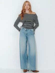 Pimkie Edition Autumn Casual Striped Asymmetric Collar Side Drawstring Top - Multicolor - View 4