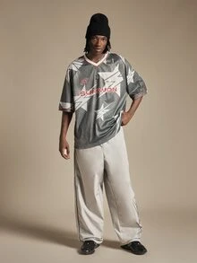 SUMWON Boxy Fit Oversized V-Neck Mesh Jersey Top With Star Abstract AOP Print And Red Logo Detail - Multicolor - View 3