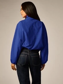 AiiRZ Cropped Windbreaker Jacket With Mock Neck Zip Front Elastic Cuffs Oversized Fit Fall Autumn Layering Outerwear - Blue - View 3