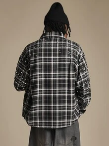 SUMWON Oversized Plaid Flannel Shirt With Silver Rhinestone Stud Embellishments Long Sleeve Button Front Collared Overshirt Fall Winter - Black and White - View 2