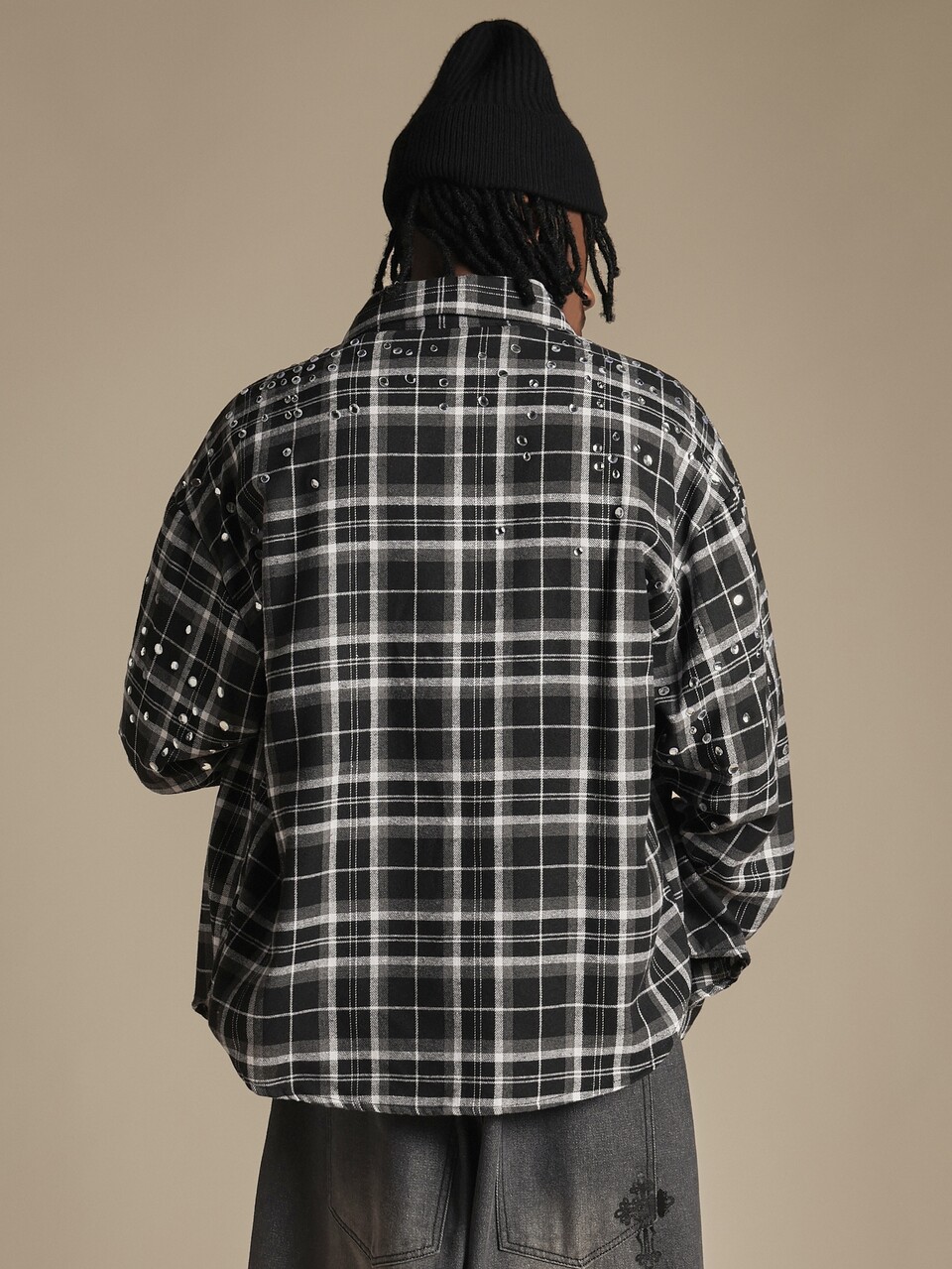 Oversized Plaid Flannel Shirt With Silver Rhinestone Stud Embellishments Long Sleeve Button Front Collared Overshirt Fall Winter