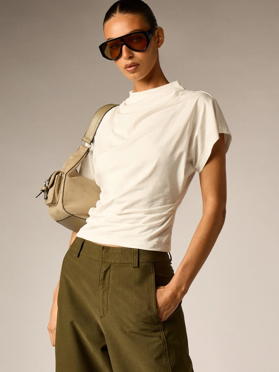 AiiRZ Mock High Neck Cropped Cap Sleeve T-Shirt With Ruched Waist Detail Soft Knit Summer Essential Top - White - View 1