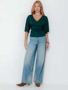 Pimkie Edition Women's Solid Color V-Neck Short Sleeve Pleated Casual Top - Army Green - View 4
