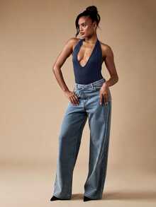 MISSGUIDED Deep V-Neck Halter Neck Bodysuit With Open Back And Sleeveless Design For Party Nights And Summer Occasions - Navy Blue - View 4