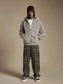 SUMWON Oversized Full-Zip Sherpa Hoodie With Old English Back Embroidery Side Pockets Fluffy Fleece Winter Jacket - Grey - View 3